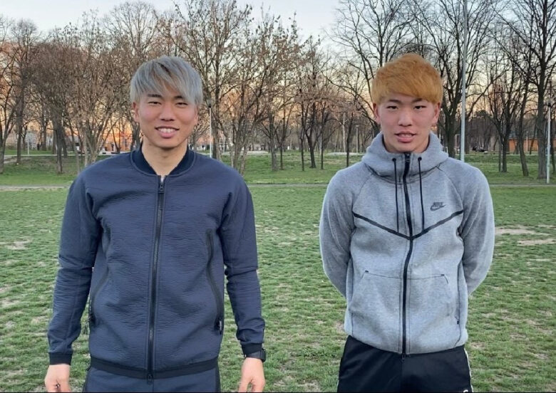 浅野拓磨選手(左)と六男・快斗さん(右)